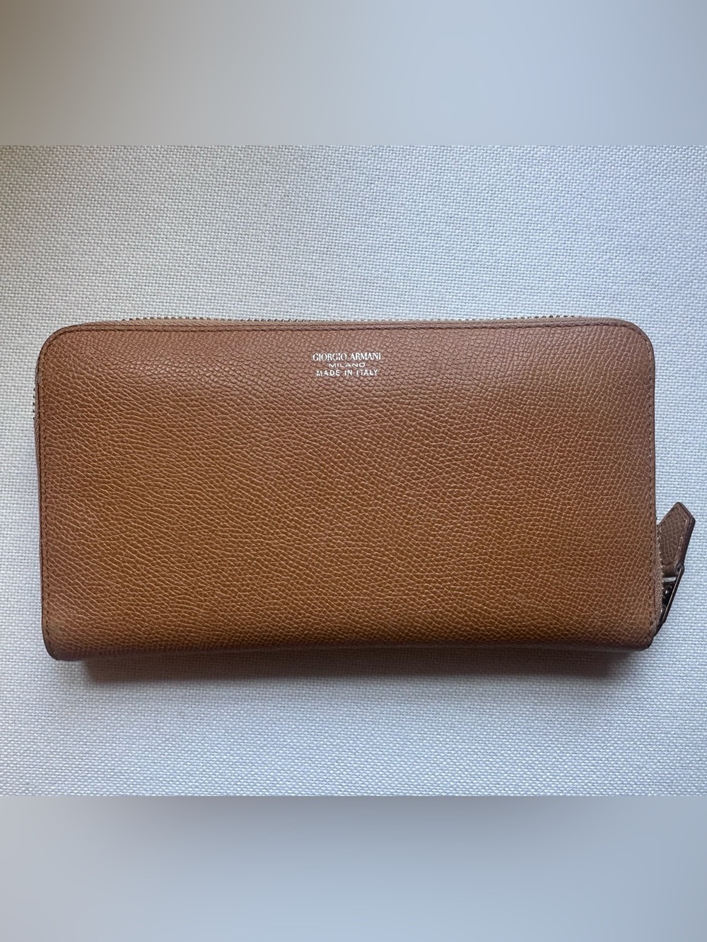 Giorgio Armani Tan Pebble-Grain Leather Zip Wallet